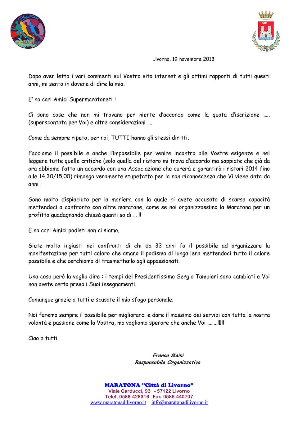 2013 lettera per Club Supermarathon