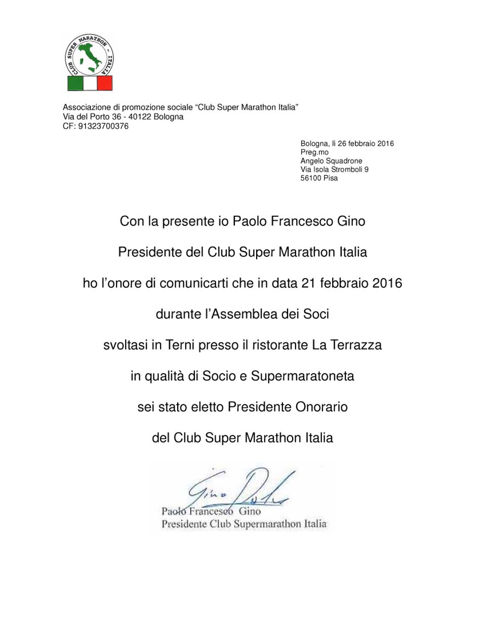 002 Nomina Squadrone a Presidente Onorario