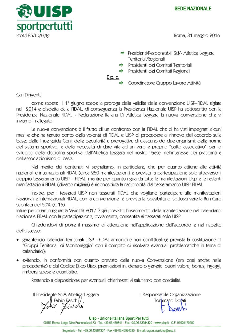 Lett. Prot. 185 TD FF Convenzione UISP FIDAL 2016
